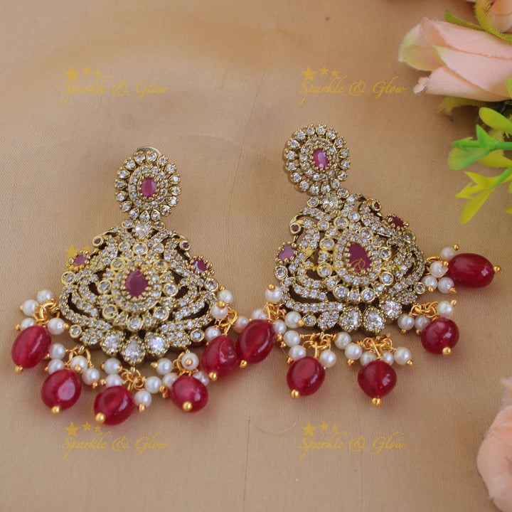Beautiful Floral Peacock Elephant design Victorian AD short necklace with ruby pearls and red beads