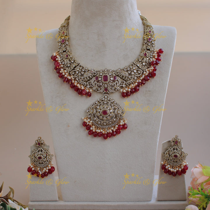 Grand Peacock Elephant floral design Victorian AD short necklace with ruby pearls and red beads