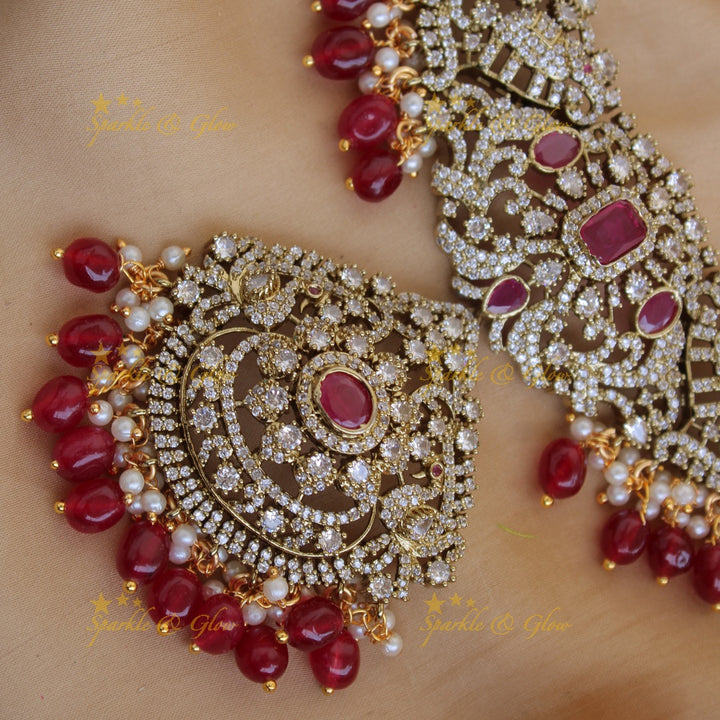 Grand Peacock Elephant floral design Victorian AD short necklace with ruby pearls and red beads