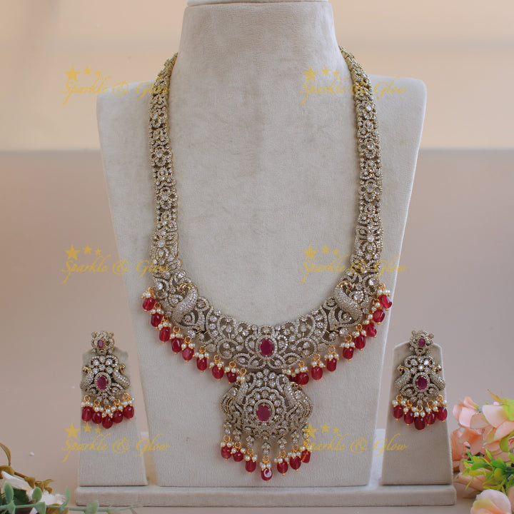 Gorgeous Floral Peacock design Victorian AD long necklace with ruby pearls and red beads