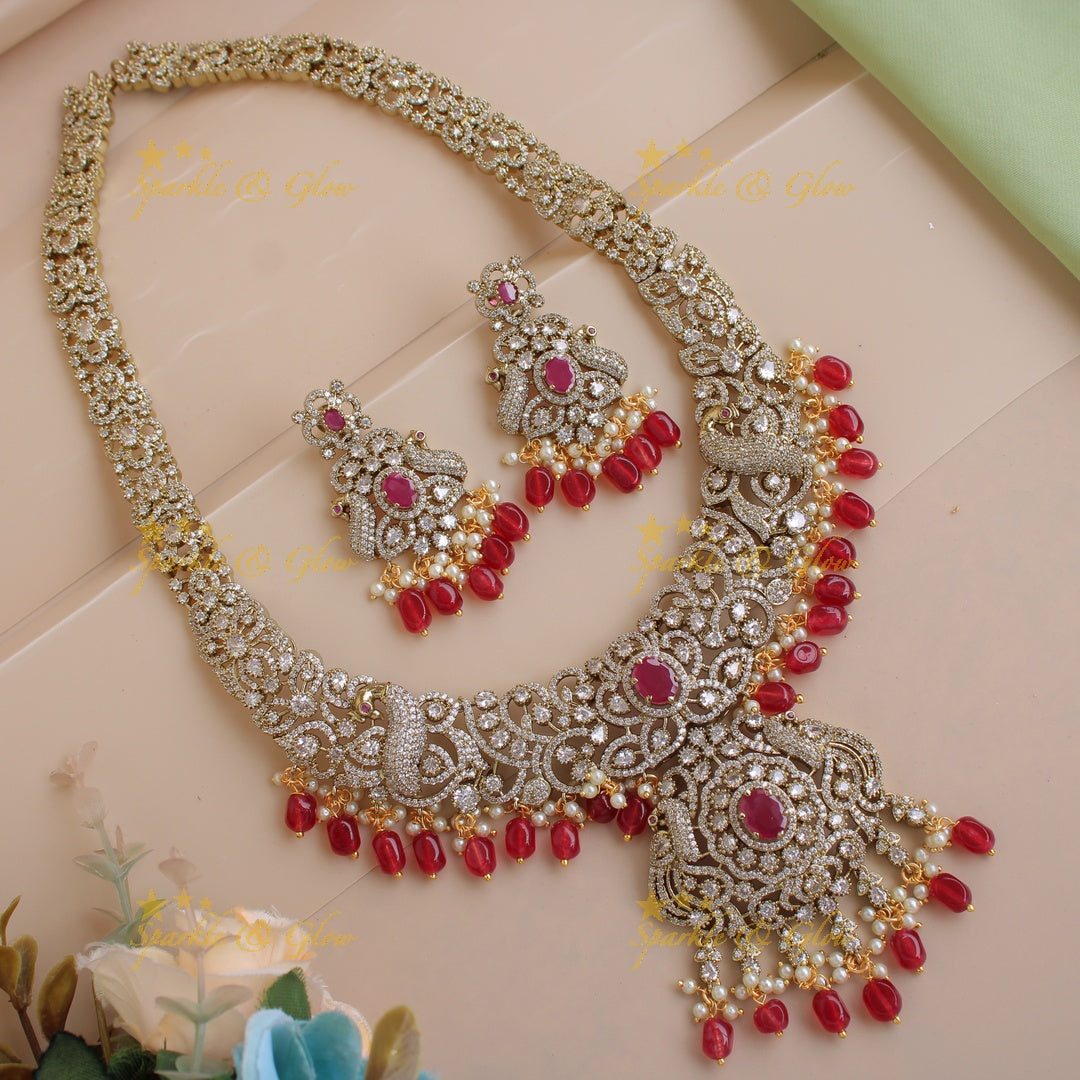 Gorgeous Floral Peacock design Victorian AD long necklace with ruby pearls and red beads