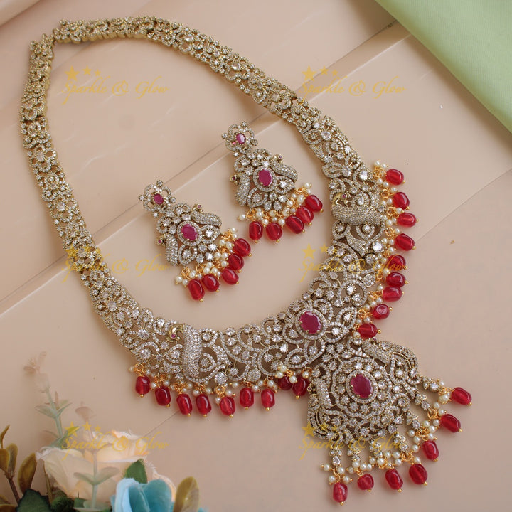 Gorgeous Floral Peacock design Victorian AD long necklace with ruby pearls and red beads