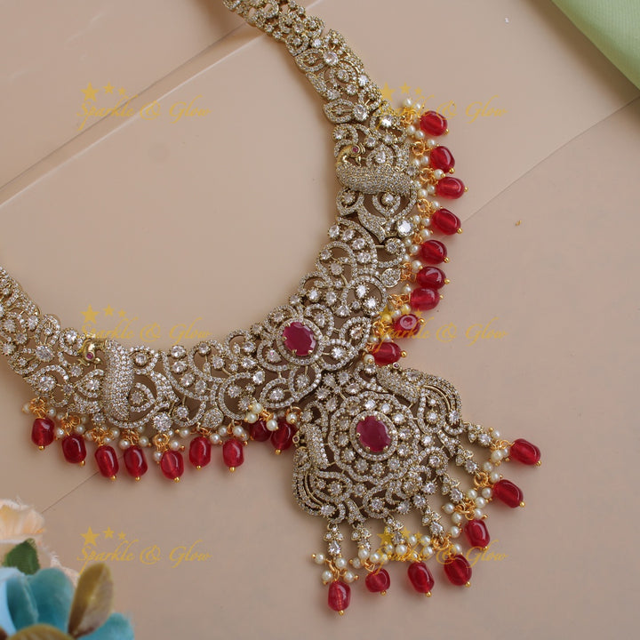 Gorgeous Floral Peacock design Victorian AD long necklace with ruby pearls and red beads