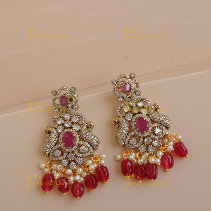 Gorgeous Floral Peacock design Victorian AD long necklace with ruby pearls and red beads