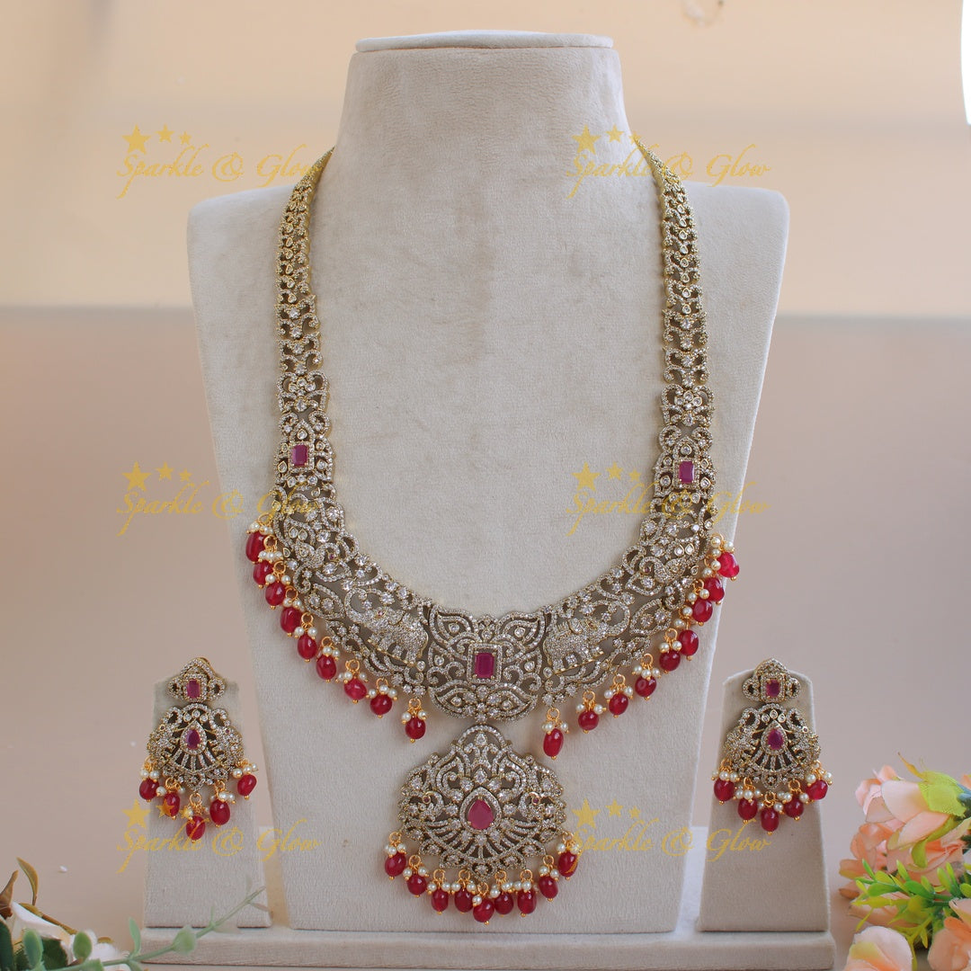 Exclusive grand Floral Elephant Peacock design Victorian AD long necklace with ruby pearls and red beads