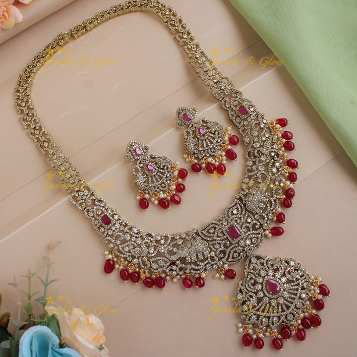 Exclusive grand Floral Elephant Peacock design Victorian AD long necklace with ruby pearls and red beads
