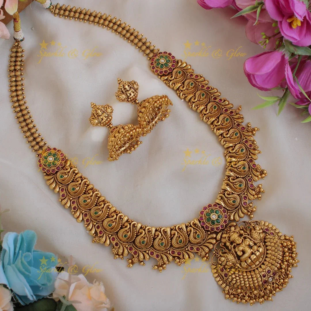 Exclusive Premium matt Lakshmi peacock carved long necklace with ruby emerald and gold beads - Sparkle and Glow