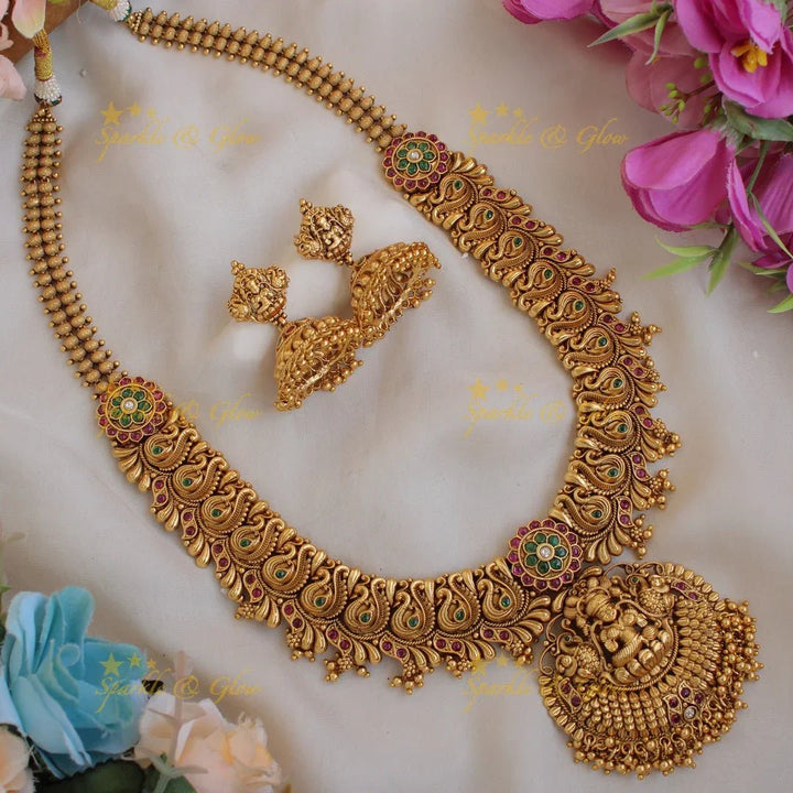 Exclusive Premium matt Lakshmi peacock carved long necklace with ruby emerald and gold beads - Sparkle and Glow