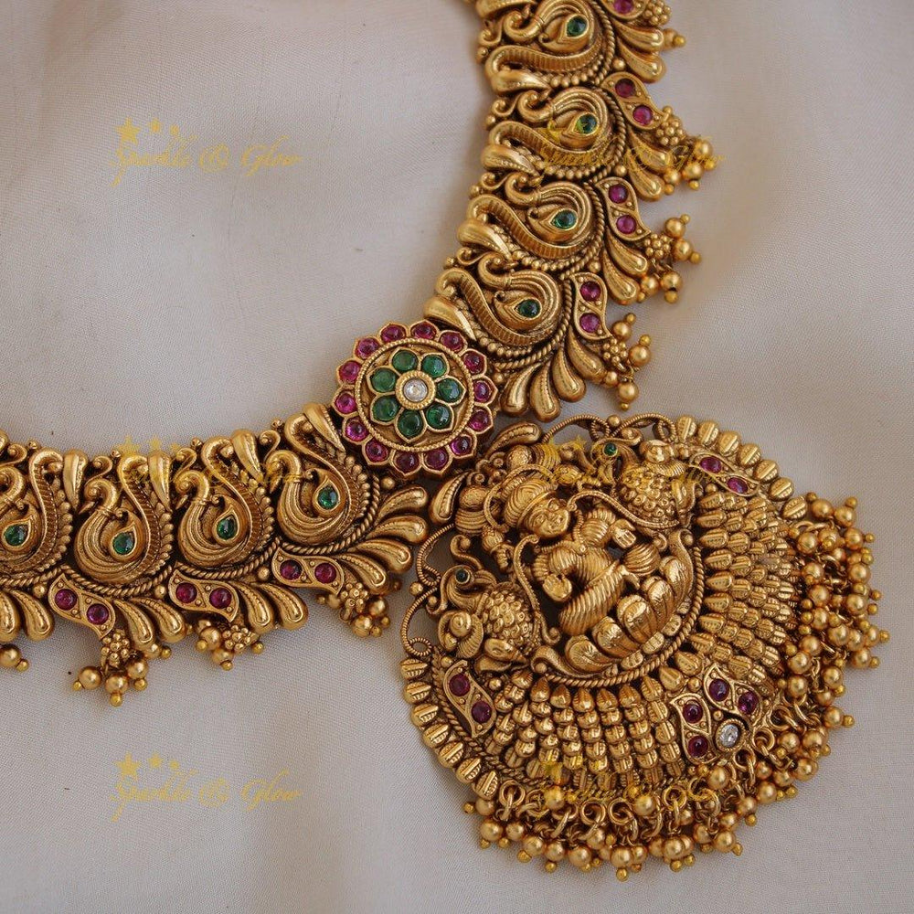 Exclusive Premium matt Lakshmi peacock carved long necklace with ruby emerald and gold beads - Sparkle and Glow