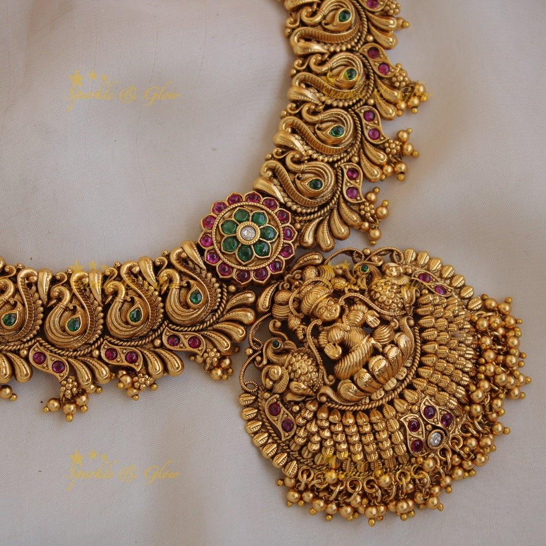 Exclusive Premium matt Lakshmi peacock carved long necklace with ruby emerald and gold beads - Sparkle and Glow