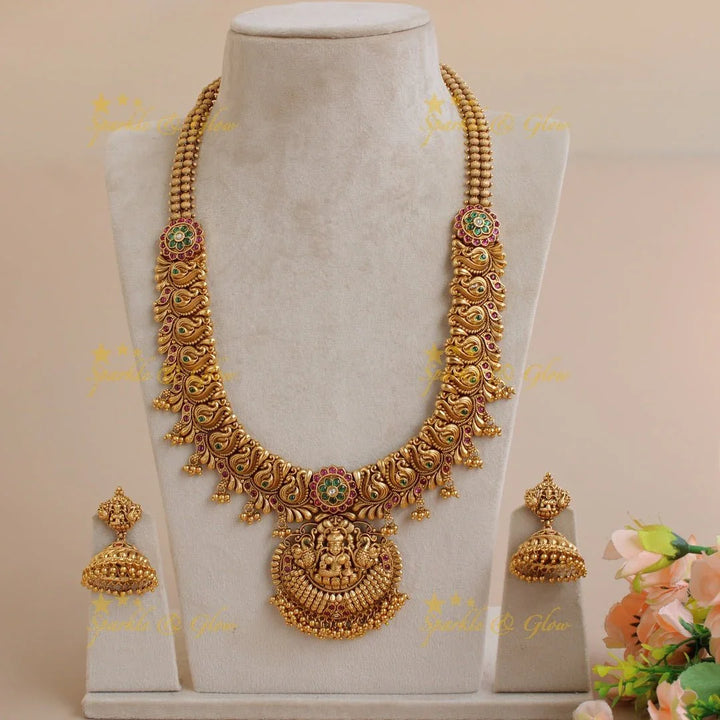 Exclusive Premium matt Lakshmi peacock carved long necklace with ruby emerald and gold beads - Sparkle and Glow