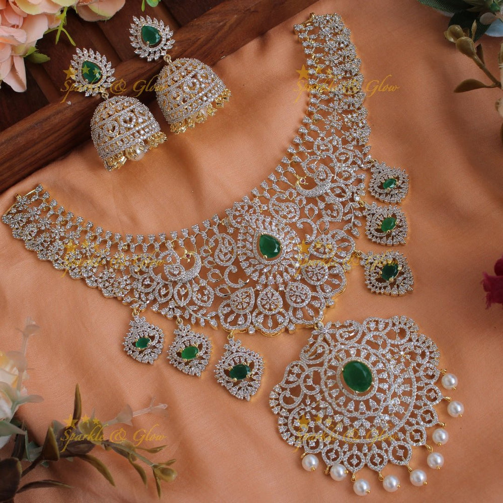 Sparkling Peacock floral design American diamond short necklace with emerald and floral drops - Sparkle and Glow - Back Thread - 