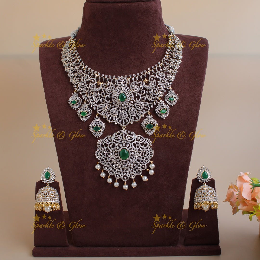 Sparkling Peacock floral design American diamond short necklace with emerald and floral drops - Sparkle and Glow - Back Thread - 