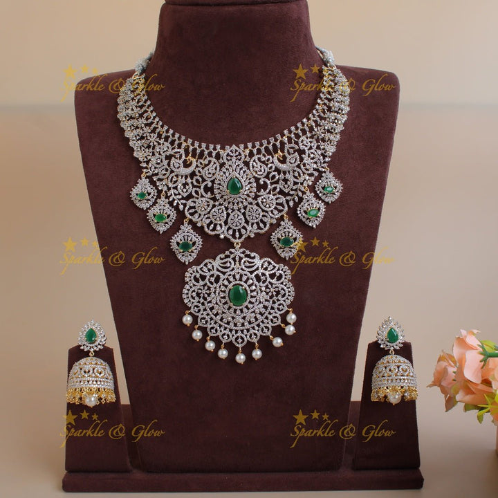 Sparkling Peacock floral design American diamond short necklace with emerald and floral drops - Sparkle and Glow - Back Thread - 