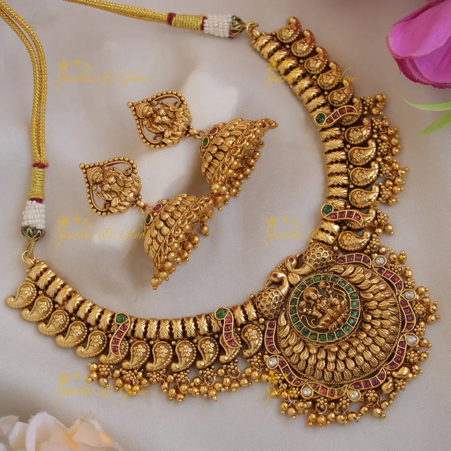 Statement Premium matt Lakshmi peacock mango short necklace with pearls and gold beads - Sparkle and Glow