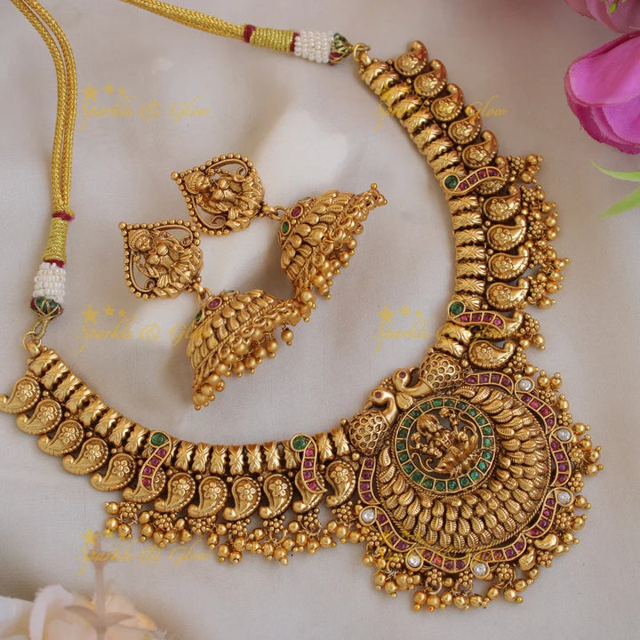 Statement Premium matt Lakshmi peacock mango short necklace with pearls and gold beads - Sparkle and Glow
