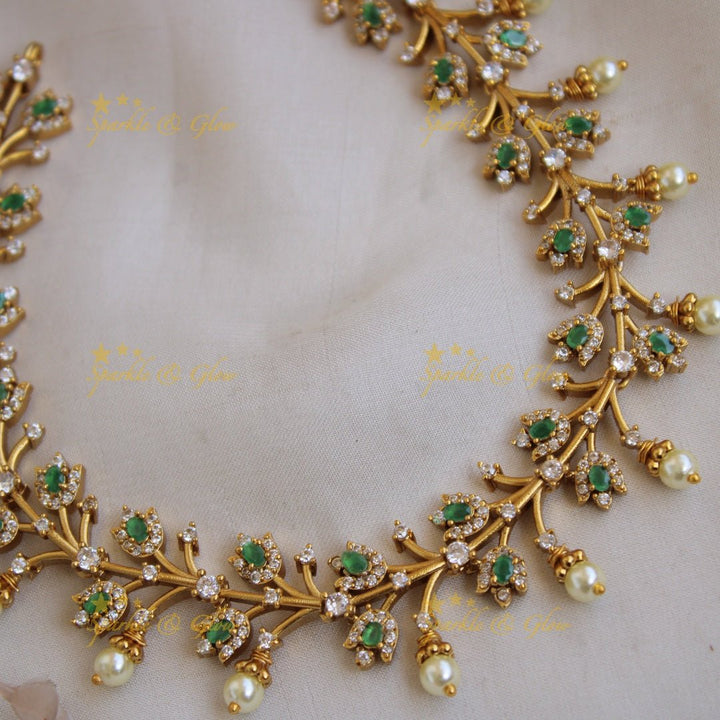 Stunning flower and branch AD short necklace with emerald - Sparkle and Glow - Back Thread - 
