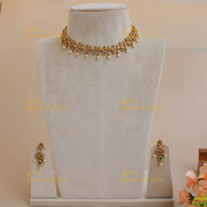 Stunning flower and branch AD short necklace with emerald - Sparkle and Glow - Back Thread - 