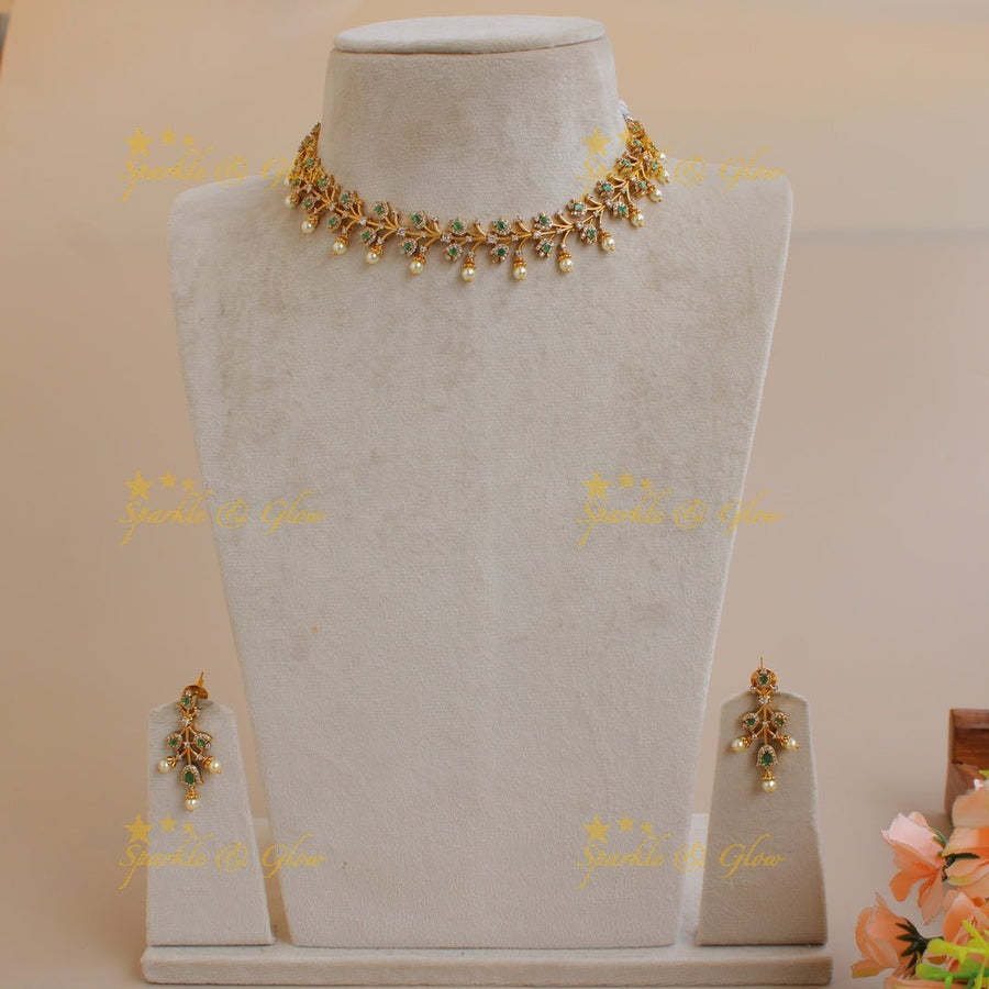 Stunning flower and branch AD short necklace with emerald - Sparkle and Glow - Back Thread - 