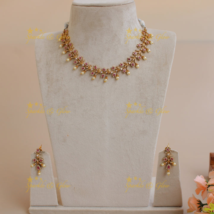 Stunning flower and branch AD short necklace with ruby - pink