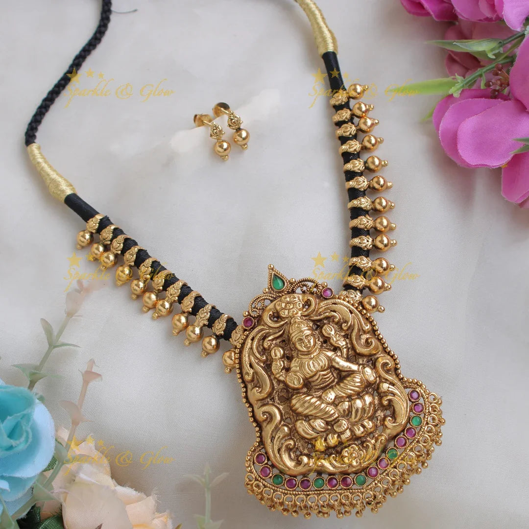 Elegant Lakshmi carved Multi purpose Thread choker with removable pendant with ruby - red - Sparkle and Glow