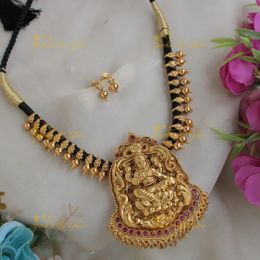 Elegant Lakshmi carved Multi purpose Thread choker with removable pendant with ruby - red - Sparkle and Glow