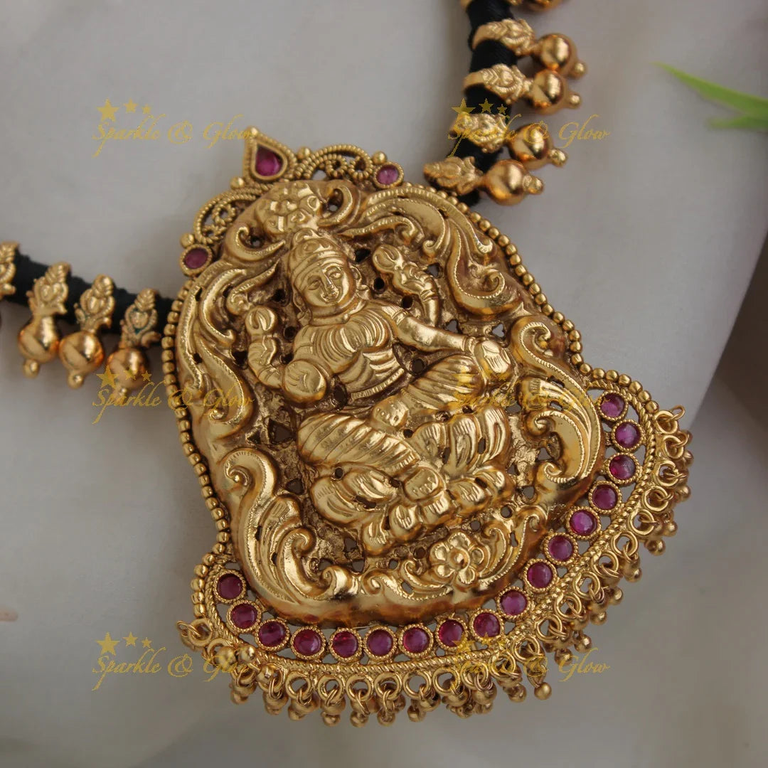Elegant Lakshmi carved Multi purpose Thread choker with removable pendant with ruby - red - Sparkle and Glow