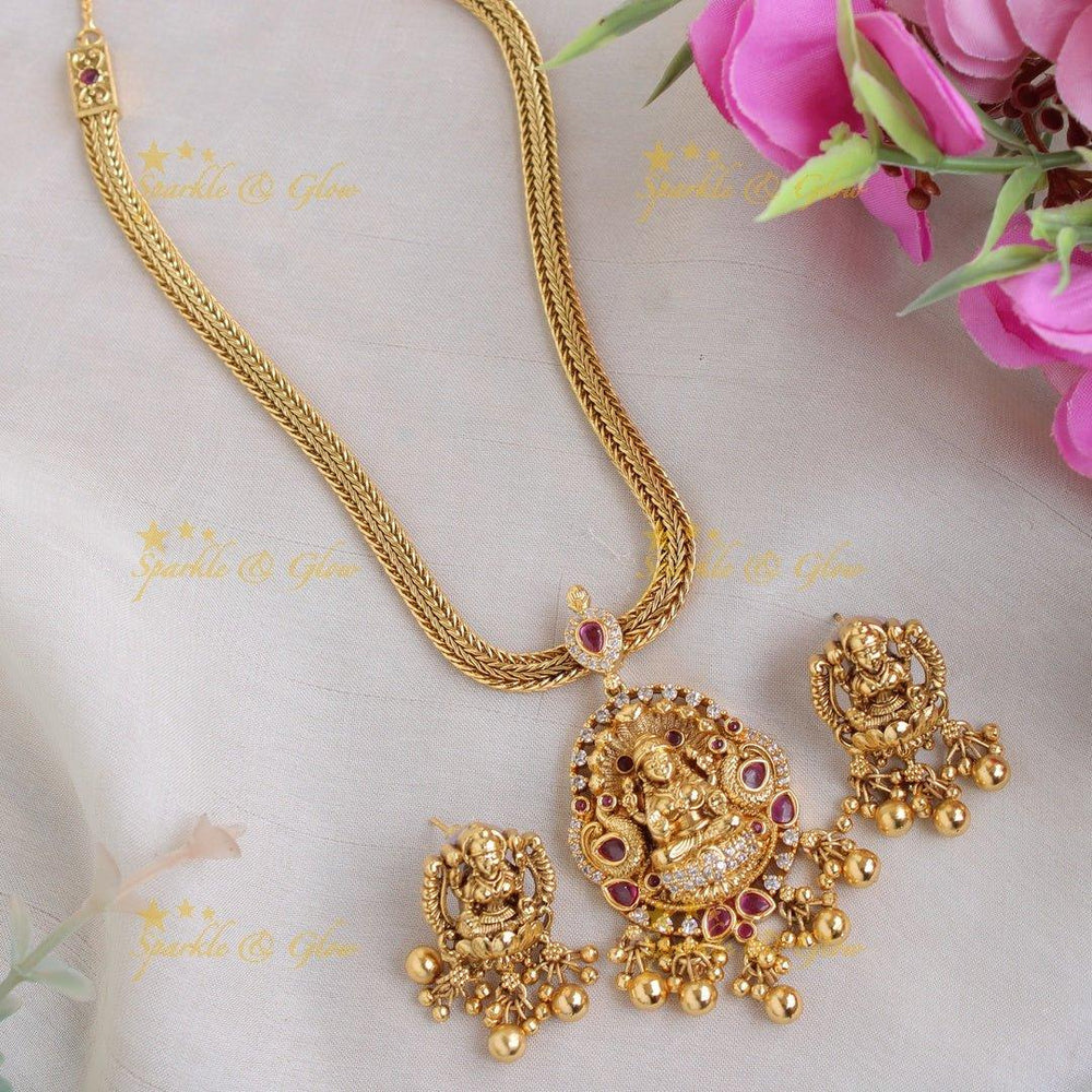 Statement Lakshmi peacock pendent with chain with CZ stones ruby and gold beads - Sparkle and Glow