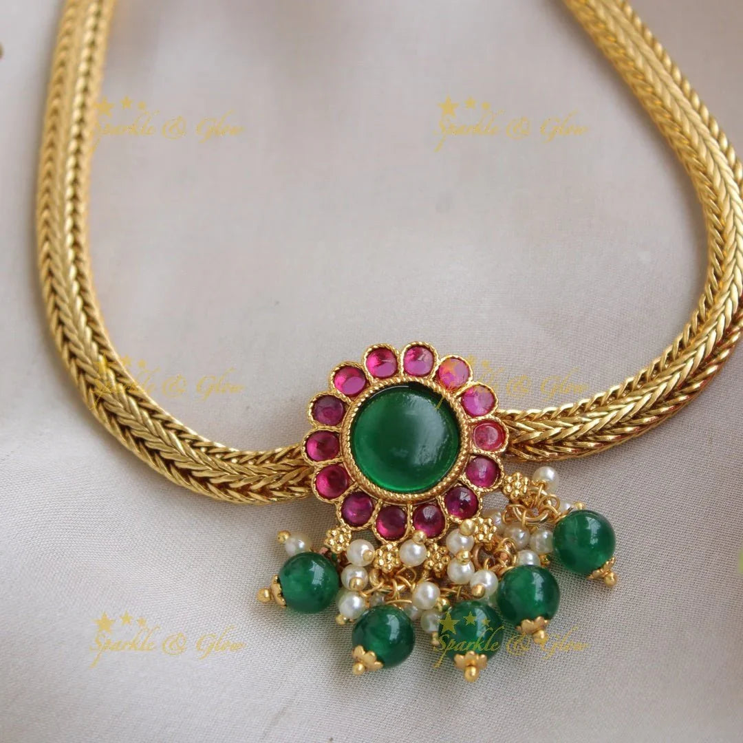 Elegant Floral Kemp stone pendent with chain with pearls and green beads - Sparkle and Glow