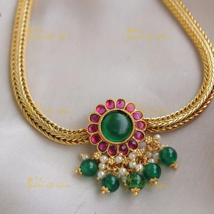 Elegant Floral Kemp stone pendent with chain with pearls and green beads - Sparkle and Glow