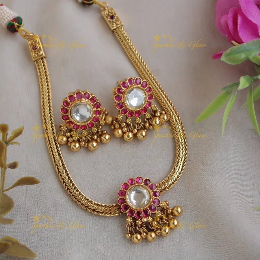 Elegant Floral Kemp stone pendent with chain with pearls and green beads - Sparkle and Glow
