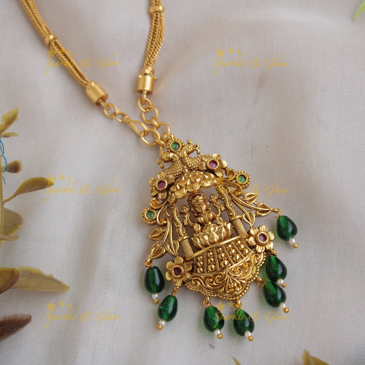 Gorgeous Lakshmi peacock design pendent with chain with green beads