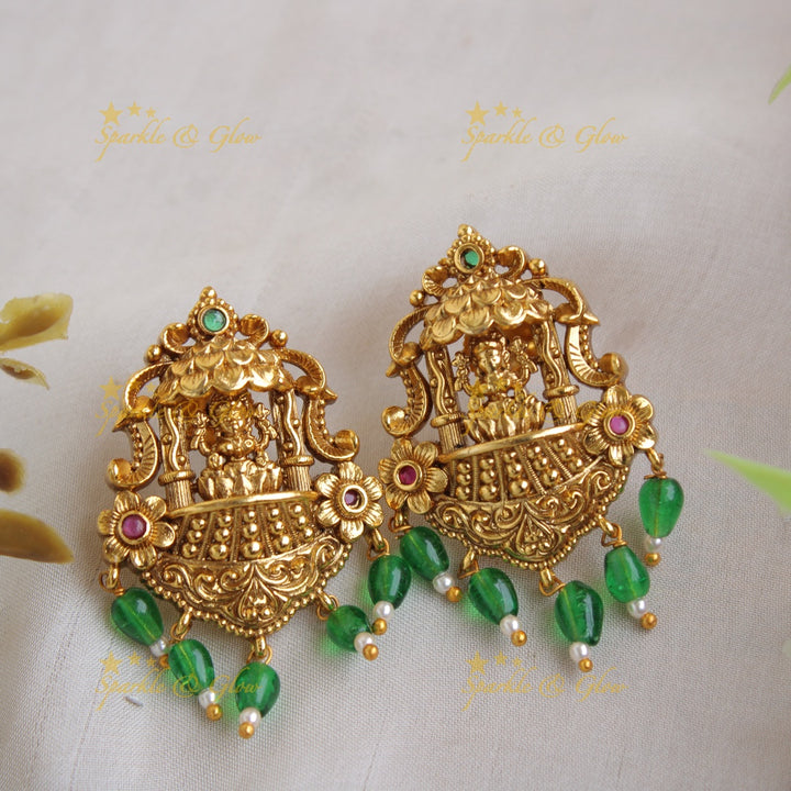 Gorgeous Lakshmi peacock design pendent with chain with green beads