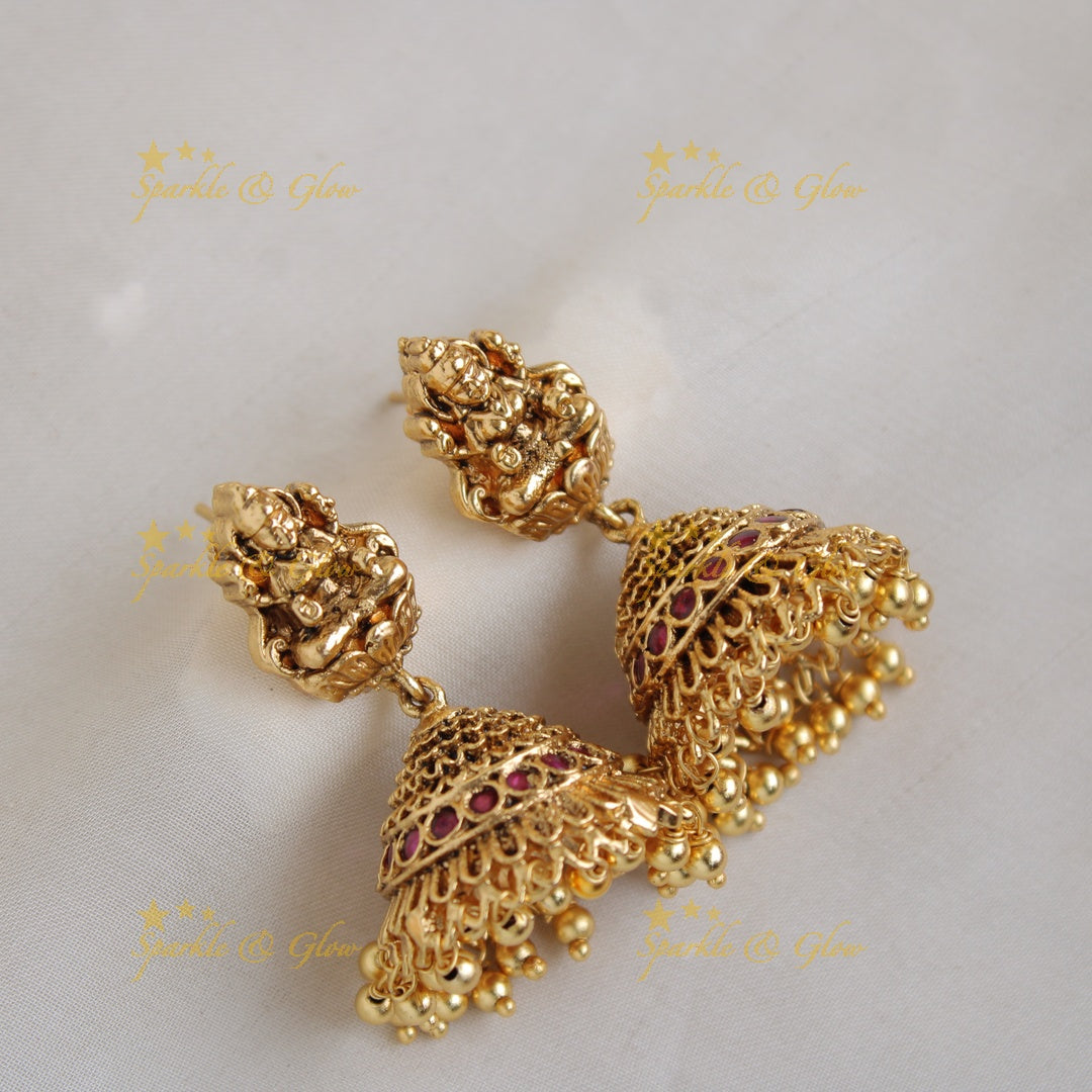 Beautiful Lakshmi peacock carved pendent with chain with gold beads