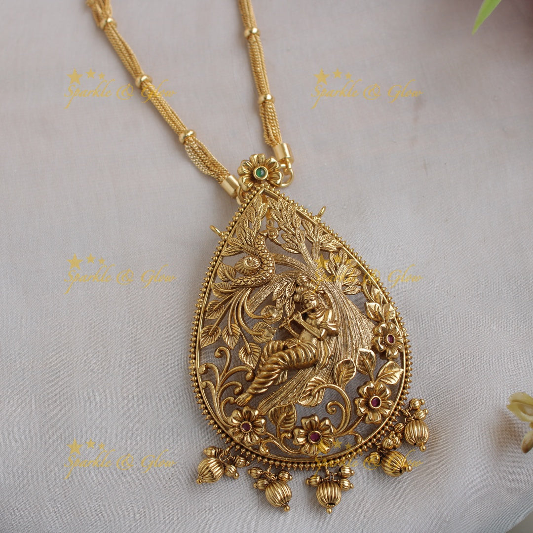 Exclusive Krishna playing flute carved pendent with chain with gold beads