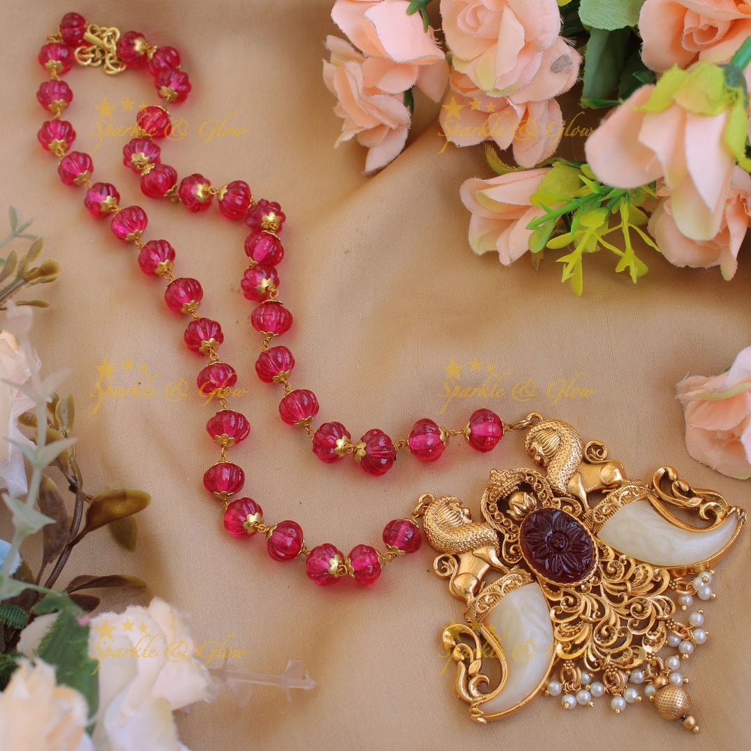 Exquisite Lions carved double Puliguru pendent with ruby and red beads chain - red - Sparkle and Glow - Red - Back Thread