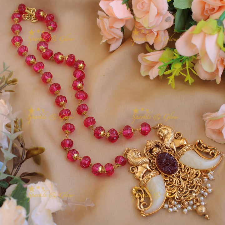 Exquisite Lions carved double Puliguru pendent with ruby and red beads chain - red - Sparkle and Glow - Red - Back Thread