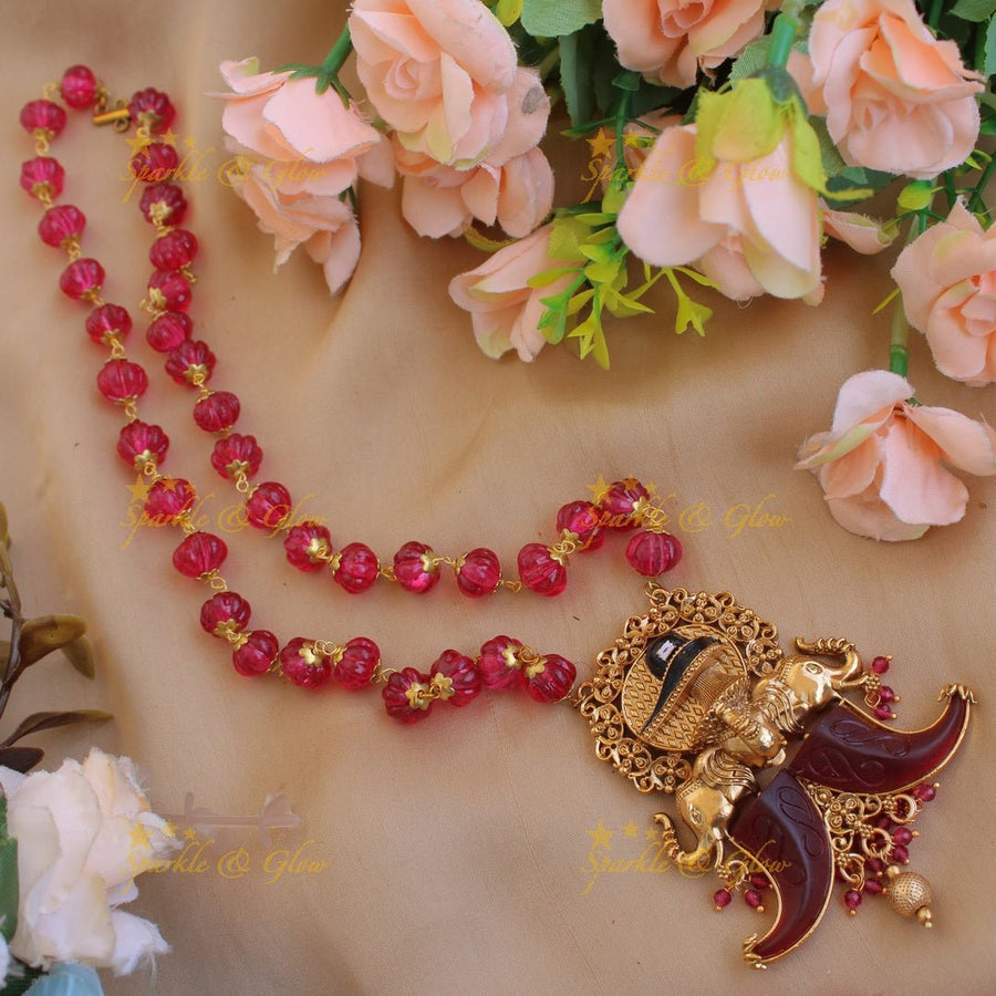 Beautiful Siva elephant carved double Puliguru pendent with red beads chain - red - Sparkle and Glow - Red - Back Thread