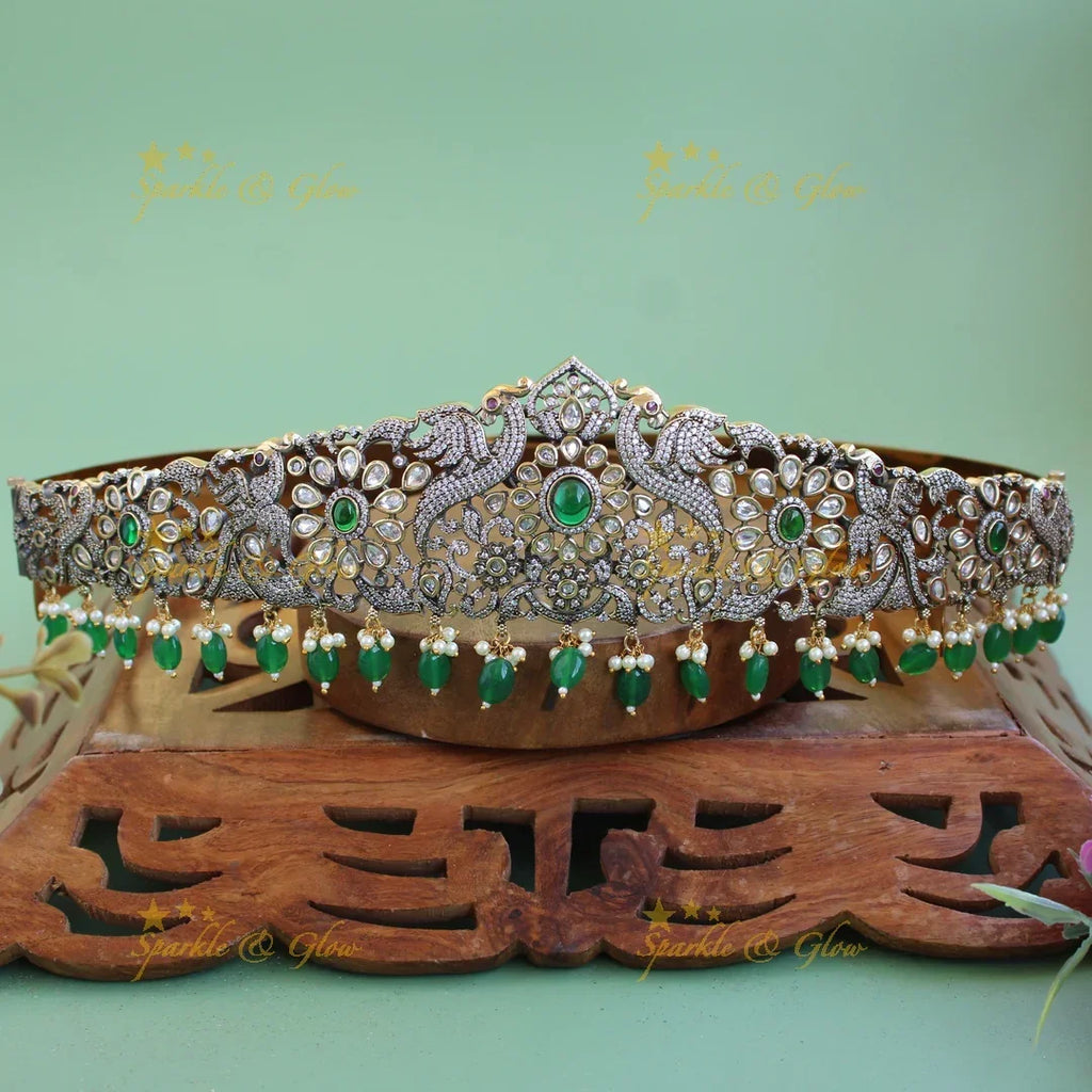 Victorian Black AD Hipbelt with Green Beads & Stones