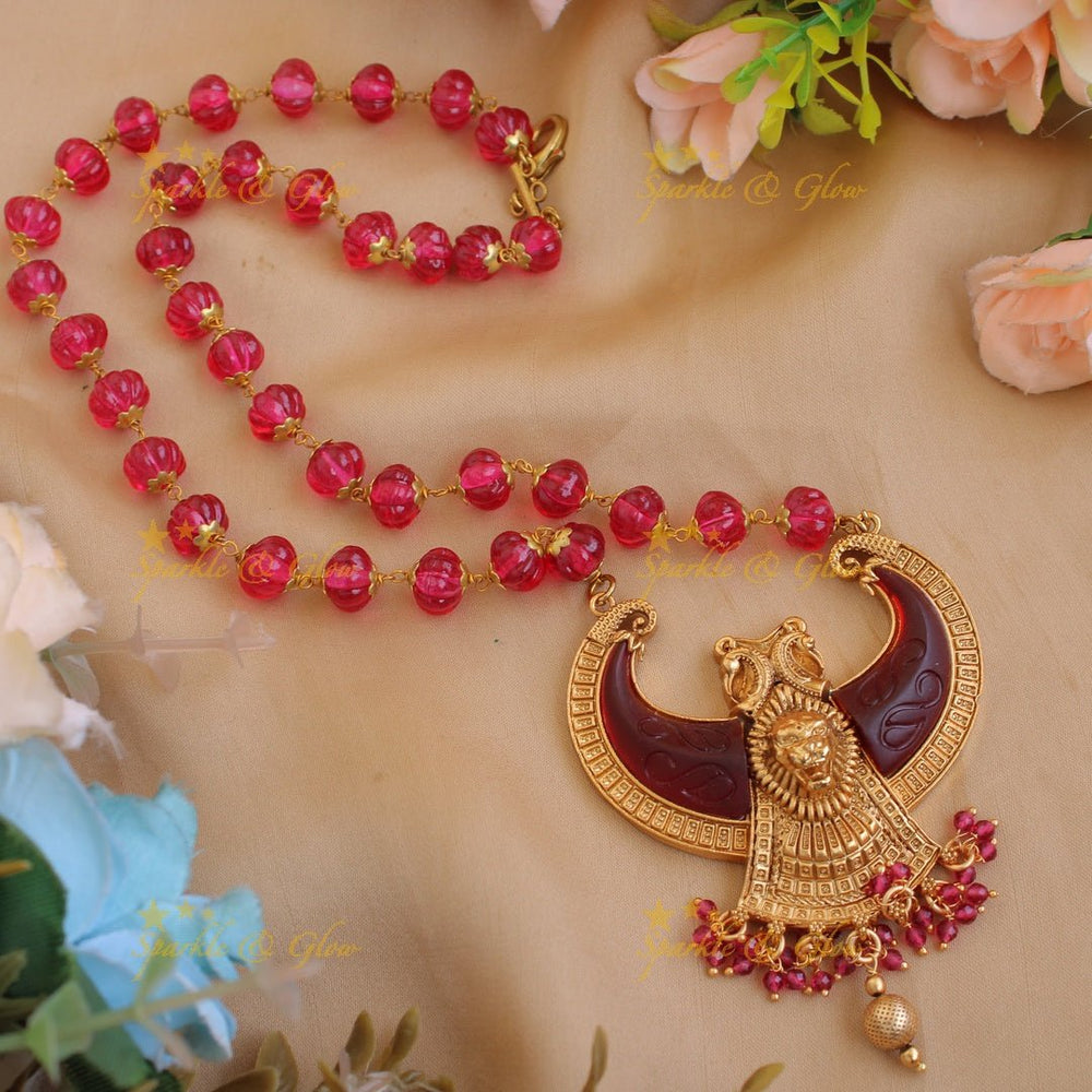 Gorgeous Lion face carved double Puliguru pendent with red beads chain - red big - Sparkle and Glow - Red - Back Thread