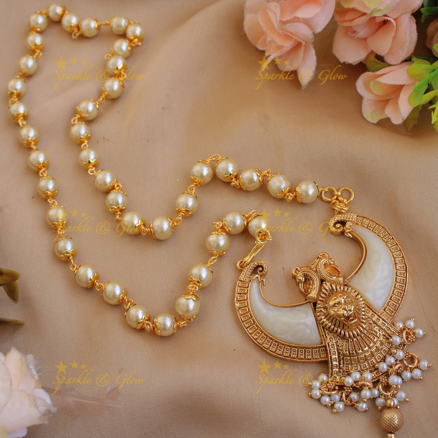 Gorgeous Lion face carved double Puliguru pendent with red beads chain - red big - Sparkle and Glow - White - Back Thread