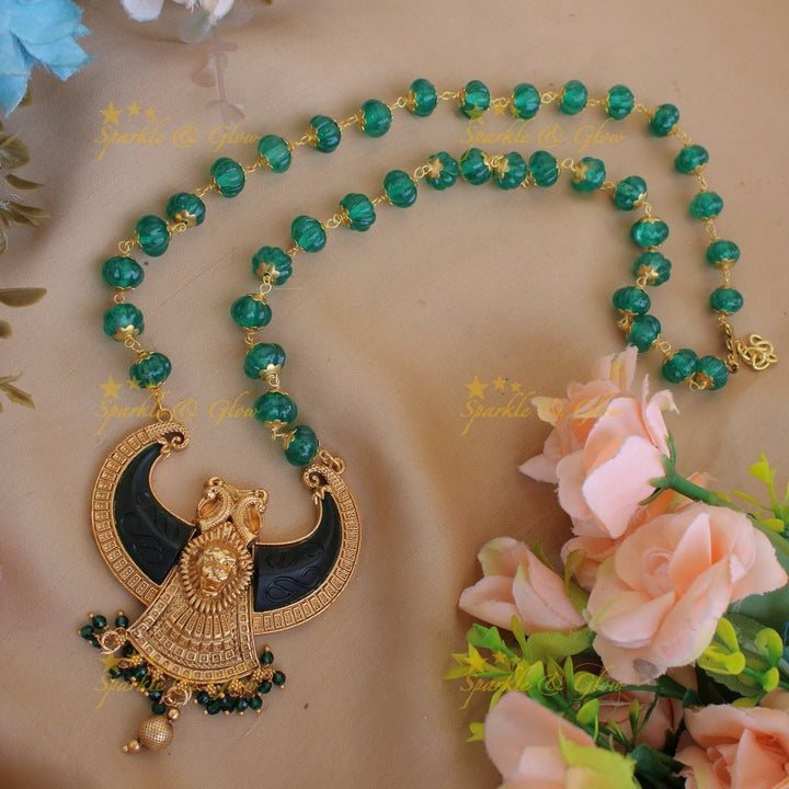 Gorgeous Lion face carved double Puliguru pendent with red beads chain - red big - Sparkle and Glow - Green - Back Thread