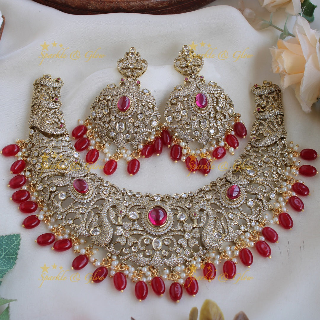 Statement Peacock floral design Victorian AD short necklace with ruby pearls and red beads