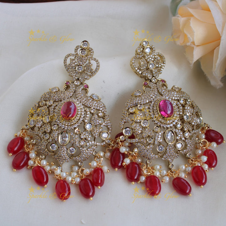 Statement Peacock floral design Victorian AD short necklace with ruby pearls and red beads