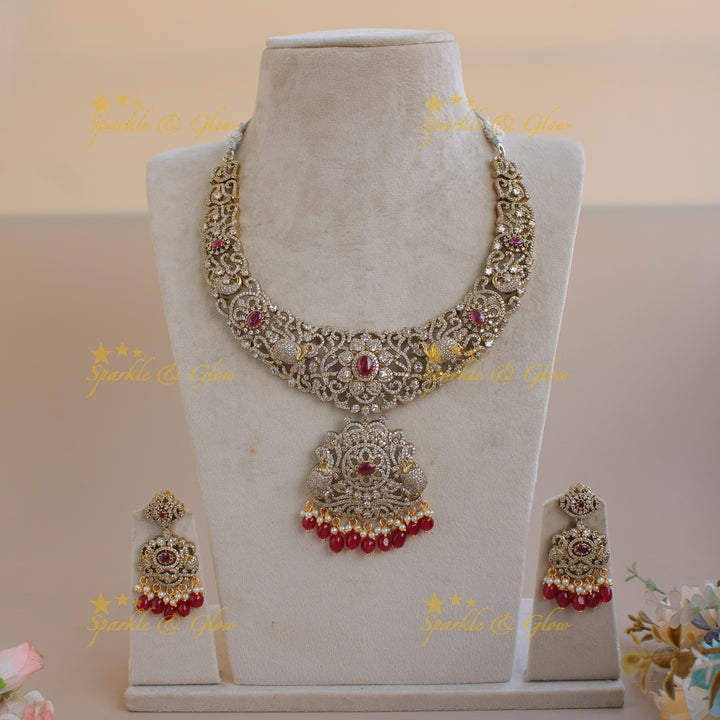 Exquisite Elephant floral design Victorian AD short necklace with ruby pearls and red beads