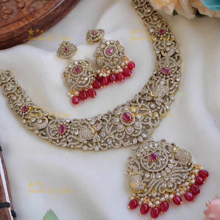 Exquisite Elephant floral design Victorian AD short necklace with ruby pearls and red beads