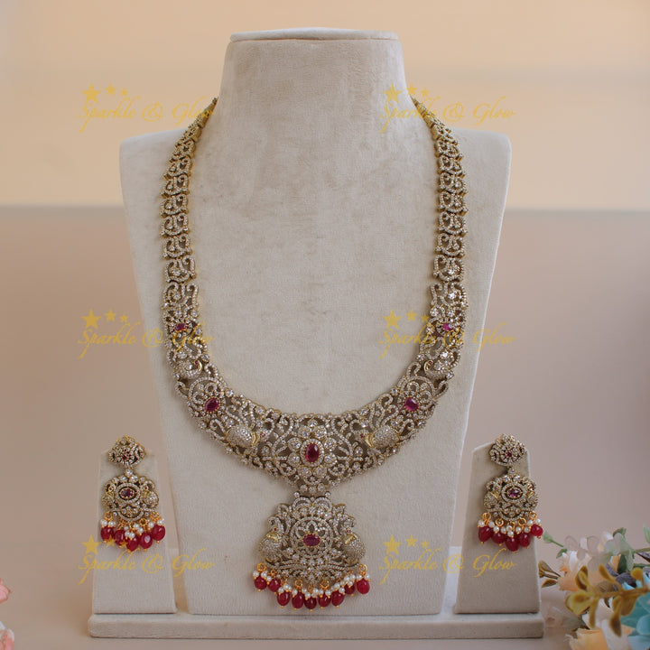 Gorgeous Elephant floral design Victorian AD long necklace with ruby pearls and red beads