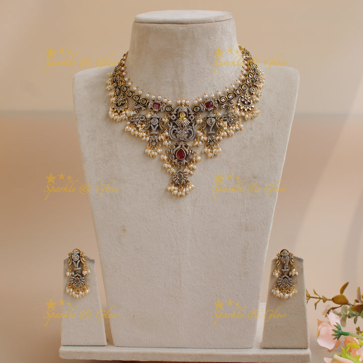 Exclusive Balaji shankh peacock design victorian AD gutta pusalu short necklace with rice pearl