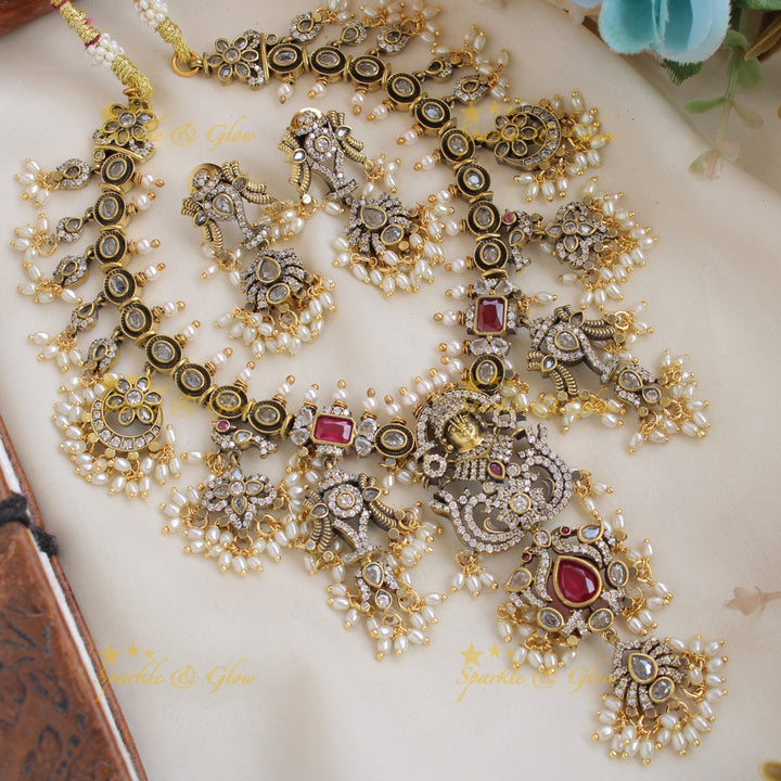 Exclusive Balaji shankh peacock design victorian AD gutta pusalu short necklace with rice pearl