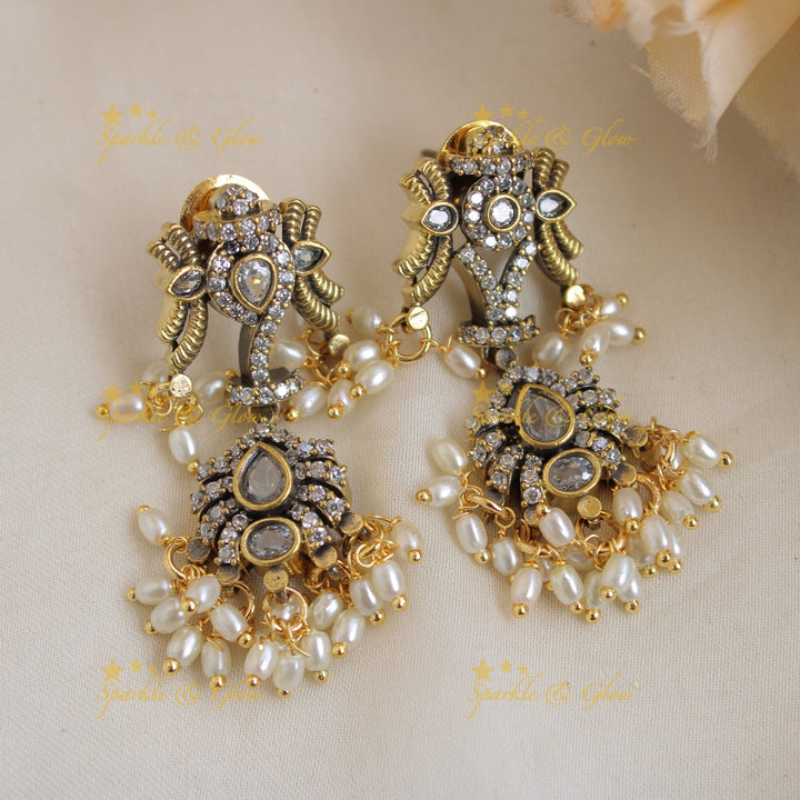 Exclusive Balaji shankh peacock design victorian AD gutta pusalu short necklace with rice pearl